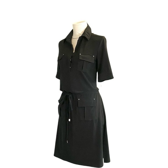 White House Black Market Short Sleeve Drawstring Waist Black Jersey Dress Size 4 - Picture 2 of 4